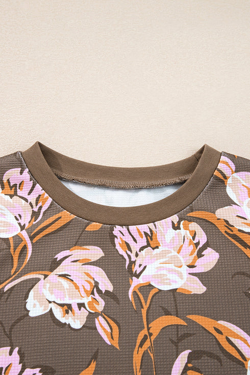 Floral Print Waffle Knit Textured V Neck Long Sleeve Top