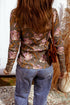 Floral Print Waffle Knit Textured V Neck Long Sleeve Top