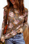 Floral Print Waffle Knit Textured V Neck Long Sleeve Top