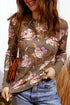 Floral Print Waffle Knit Textured V Neck Long Sleeve Top