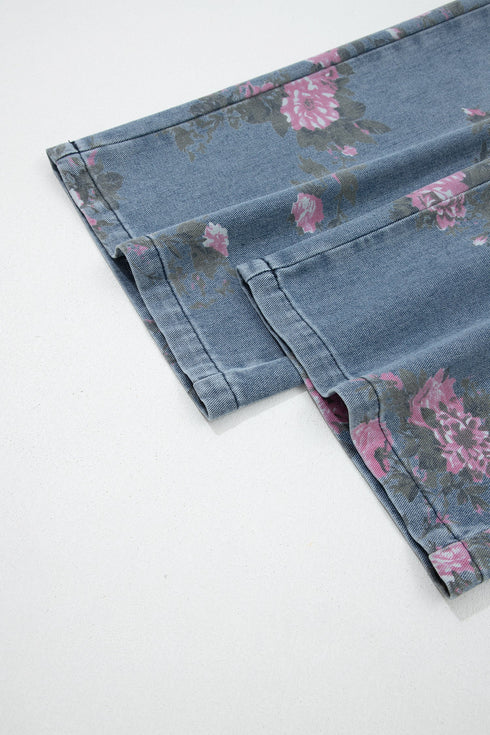 Floral Print Western Elastic Waist Pull On Denim Jeans