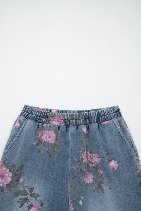 Floral Print Western Elastic Waist Pull On Denim Jeans