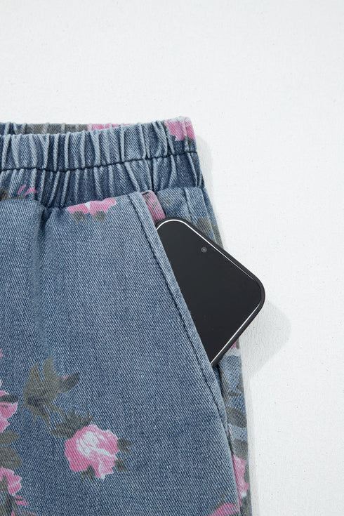 Floral Print Western Elastic Waist Pull On Denim Jeans