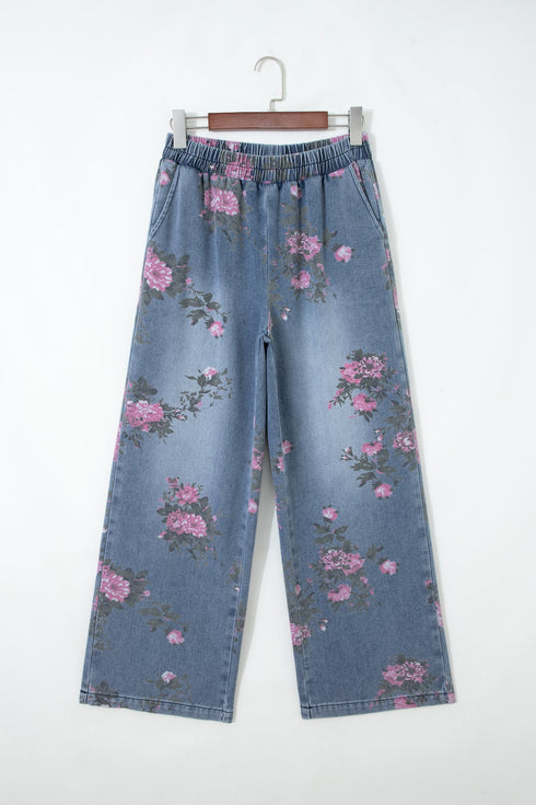Floral Print Western Elastic Waist Pull On Denim Jeans