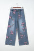 Floral Print Western Elastic Waist Pull On Denim Jeans