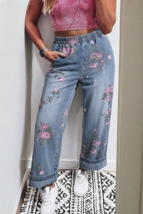 Floral Print Western Elastic Waist Pull On Denim Jeans