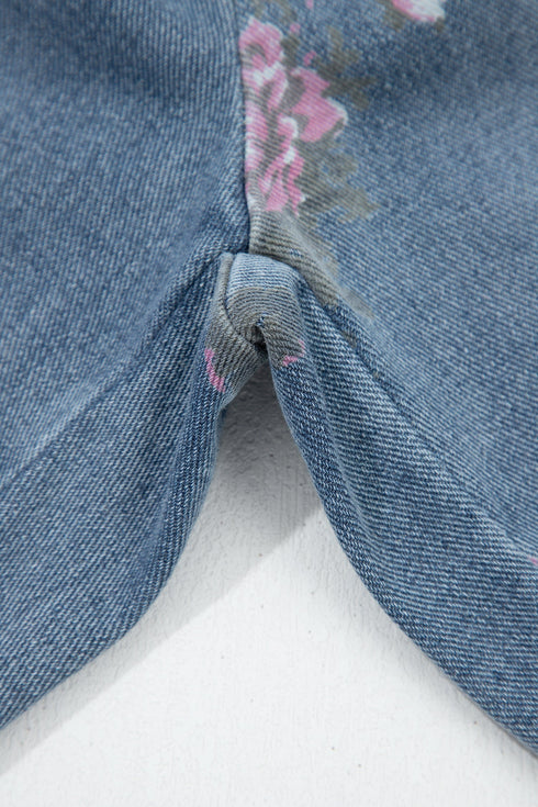 Floral Print Western Elastic Waist Pull On Denim Jeans