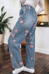 Floral Print Western Elastic Waist Pull On Denim Jeans