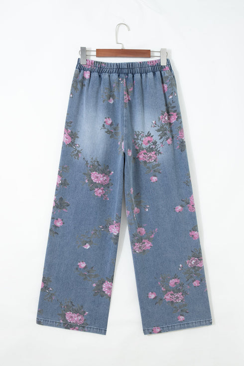 Floral Print Western Elastic Waist Pull On Denim Jeans