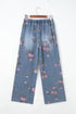 Floral Print Western Elastic Waist Pull On Denim Jeans