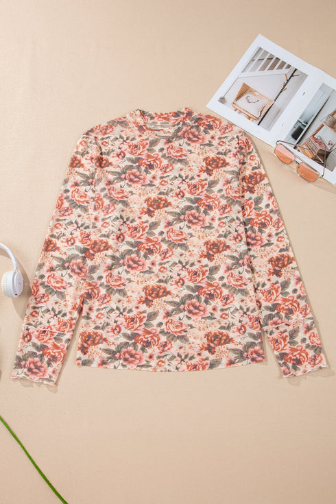 Floral Print Western Mock Neck Slim Long Sleeve Top