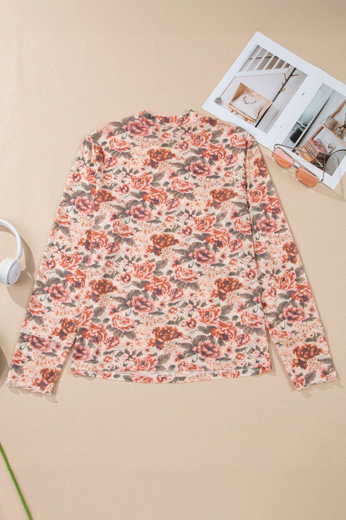Floral Print Western Mock Neck Slim Long Sleeve Top