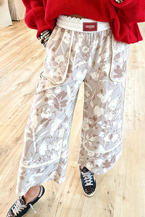 Floral Print Wide Leg Ankle Length Elastic Waistband Pants