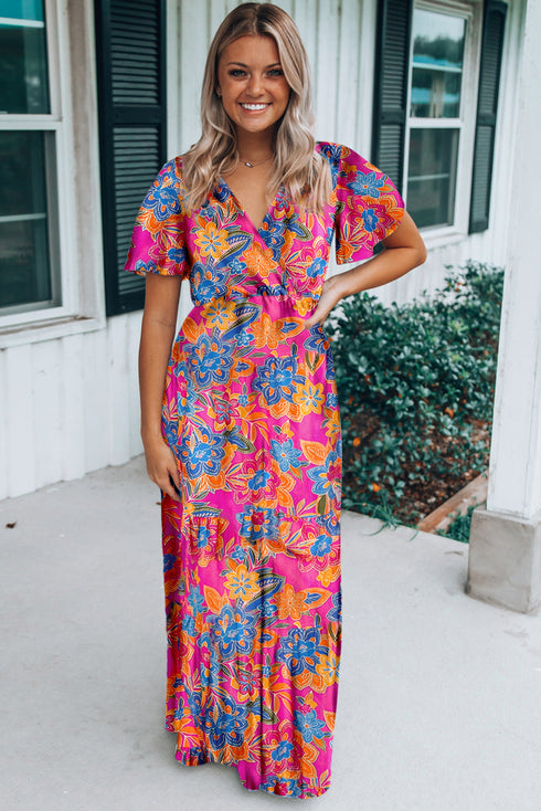 Floral Print Wrap V Neck A Line Maxi Dress