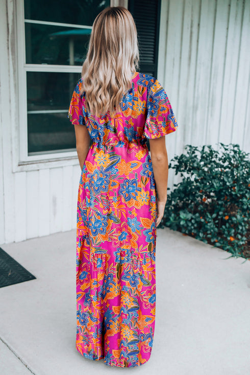 Floral Print Wrap V Neck A Line Maxi Dress