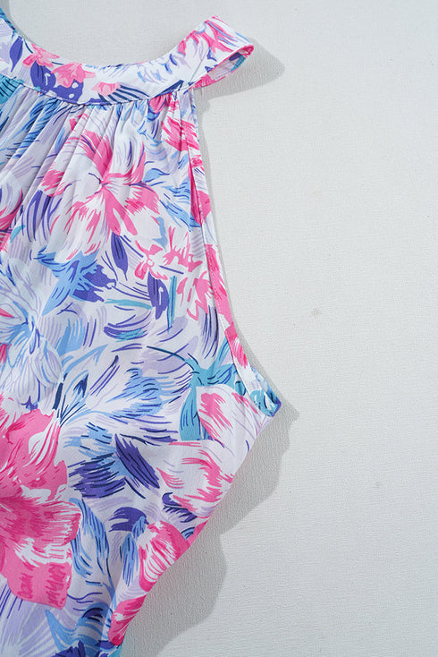 Floral Printed Sleeveless O Neck Knot Waist Maxi Dress