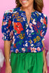 Floral Printed Split V Neck Puff Sleeve Blouse