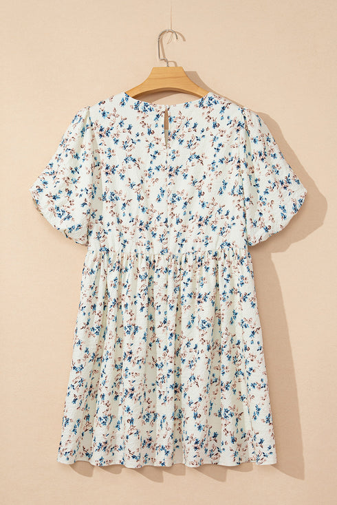 Floral Puff Short Sleeve Empire Waist Mini Dress