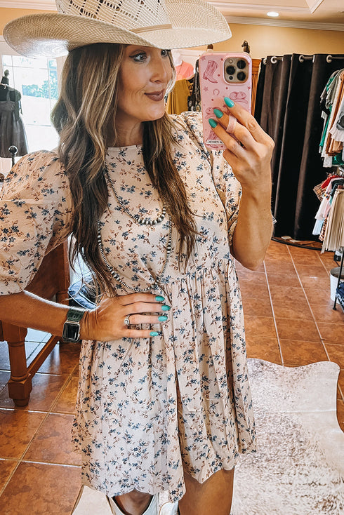 Floral Puff Short Sleeve Empire Waist Mini Dress