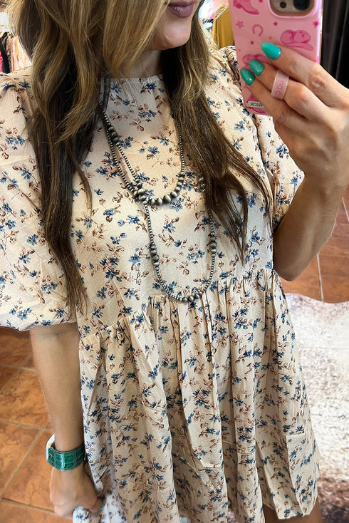 Floral Puff Short Sleeve Empire Waist Mini Dress