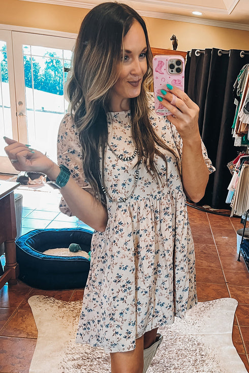 Floral Puff Short Sleeve Empire Waist Mini Dress