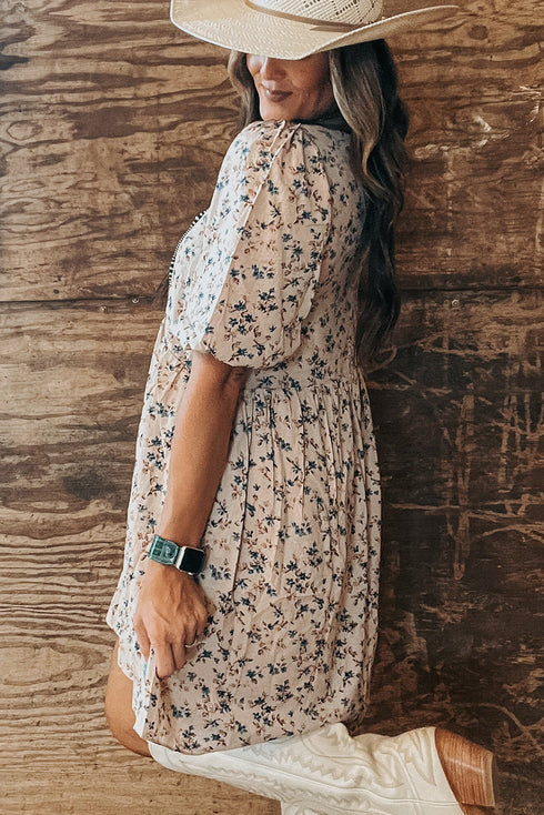 Floral Puff Short Sleeve Empire Waist Mini Dress