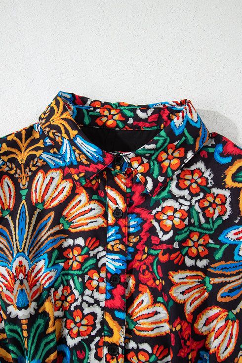 Floral Puff Short Sleeve Shirt Mini Dress