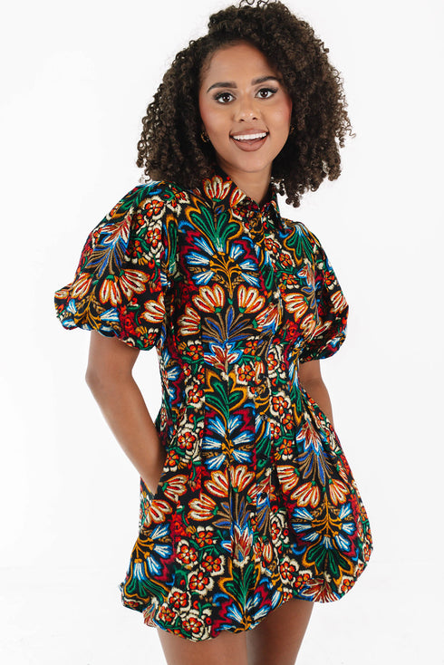 Floral Puff Short Sleeve Shirt Mini Dress