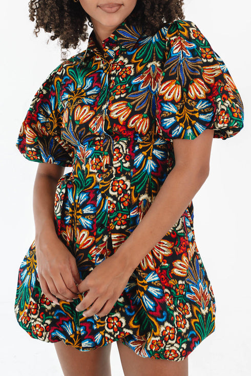 Floral Puff Short Sleeve Shirt Mini Dress