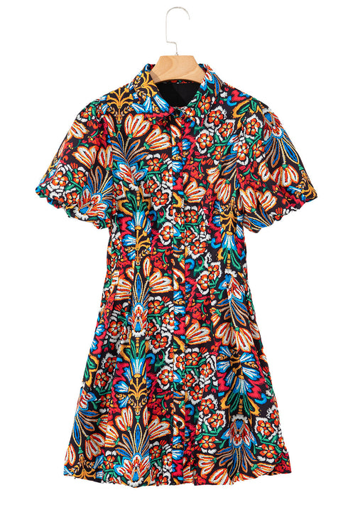 Floral Puff Short Sleeve Shirt Mini Dress