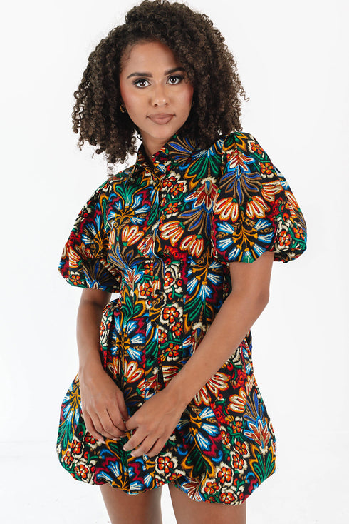Floral Puff Short Sleeve Shirt Mini Dress