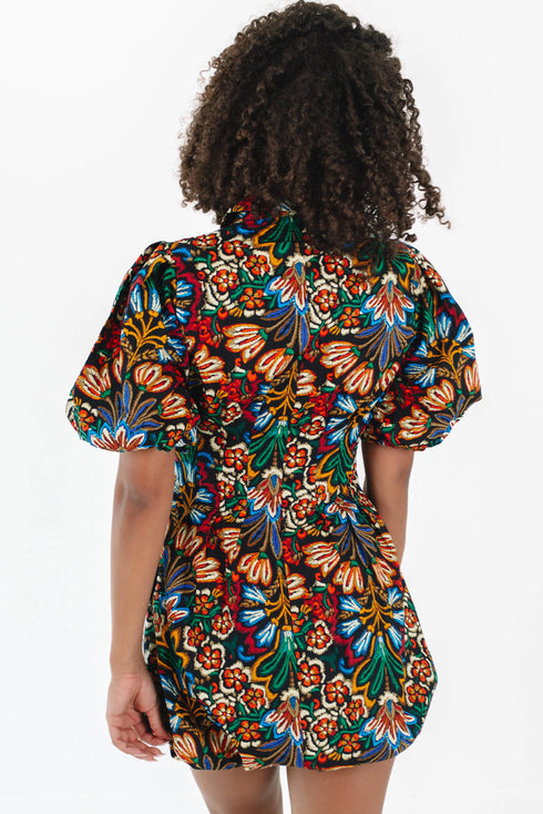 Floral Puff Short Sleeve Shirt Mini Dress