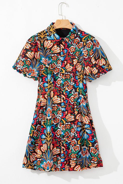 Floral Puff Short Sleeve Shirt Mini Dress