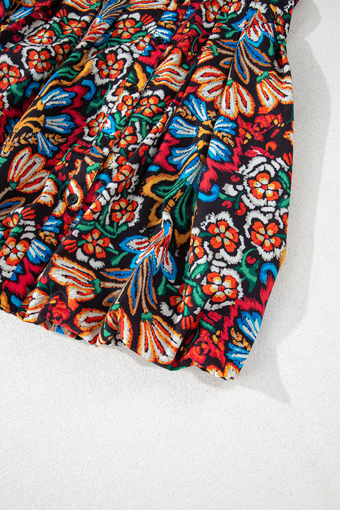 Floral Puff Short Sleeve Shirt Mini Dress