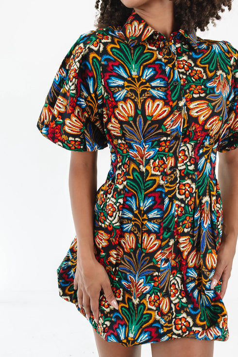 Floral Puff Short Sleeve Shirt Mini Dress