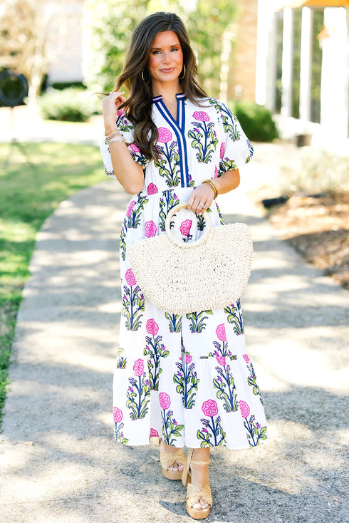 Floral Puff Short Sleeve V Neck High Waist Maxi Dress