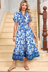 Floral Puff Short Sleeve V Neck High Waist Maxi Dress
