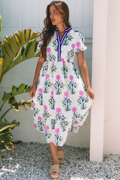 Floral Puff Short Sleeve V Neck High Waist Maxi Dress