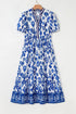 Floral Puff Short Sleeve V Neck High Waist Maxi Dress