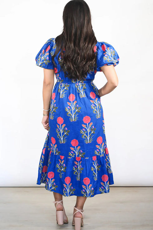 Floral Puff Short Sleeve V Neck High Waist Maxi Dress