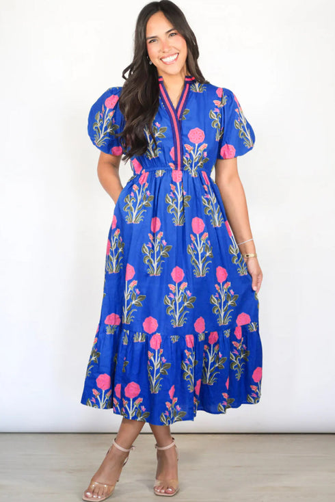 Floral Puff Short Sleeve V Neck High Waist Maxi Dress