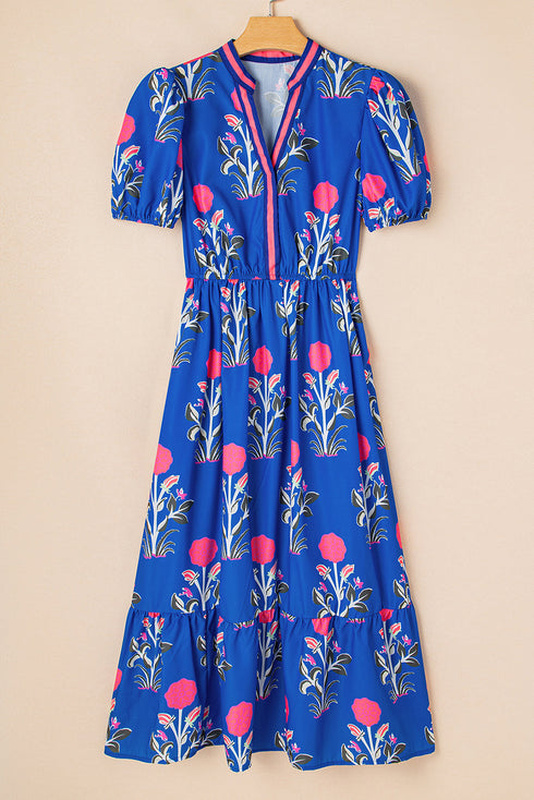 Floral Puff Short Sleeve V Neck High Waist Maxi Dress