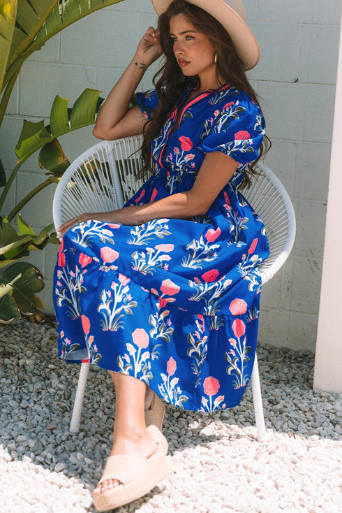 Floral Puff Short Sleeve V Neck High Waist Maxi Dress