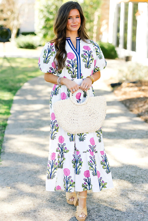 Floral Puff Short Sleeve V Neck High Waist Maxi Dress