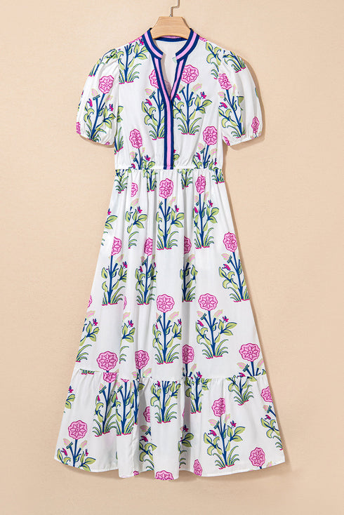 Floral Puff Short Sleeve V Neck High Waist Maxi Dress