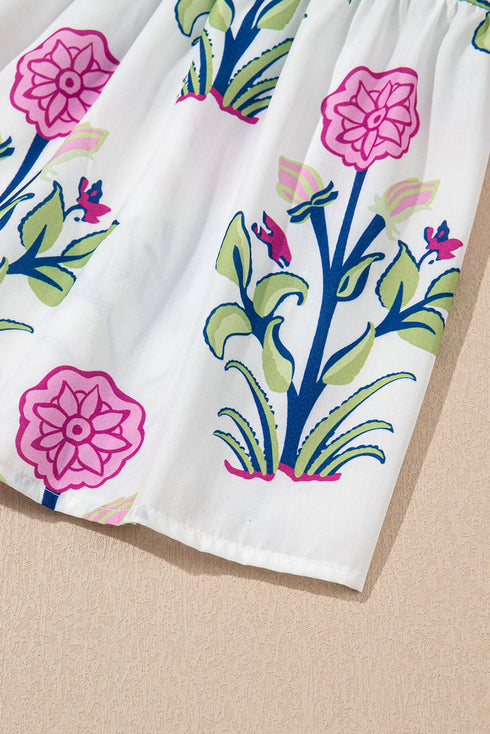 Floral Puff Short Sleeve V Neck High Waist Maxi Dress
