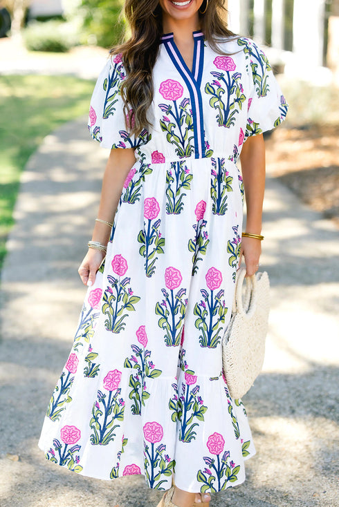 Floral Puff Short Sleeve V Neck High Waist Maxi Dress