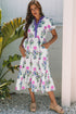Floral Puff Short Sleeve V Neck High Waist Maxi Dress