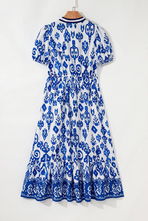 Floral Puff Short Sleeve V Neck High Waist Maxi Dress