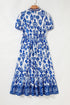 Floral Puff Short Sleeve V Neck High Waist Maxi Dress